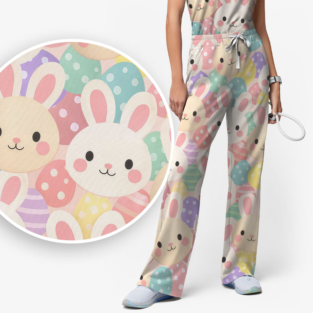 Pastel Bunny Faces Easter Eggs Pattern Scrub Sets, Scrub Pants and V Neck Top