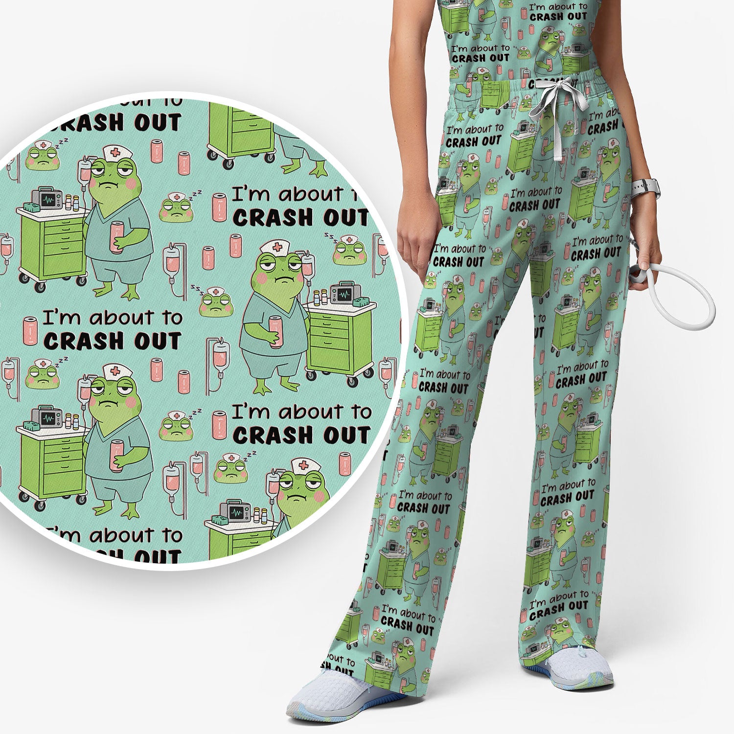 Funny Frog Pattern Nurse Scrub Set, I’m About to Crash Out Nurse Shirt, Breathable Fabrics Nursing Uniform
