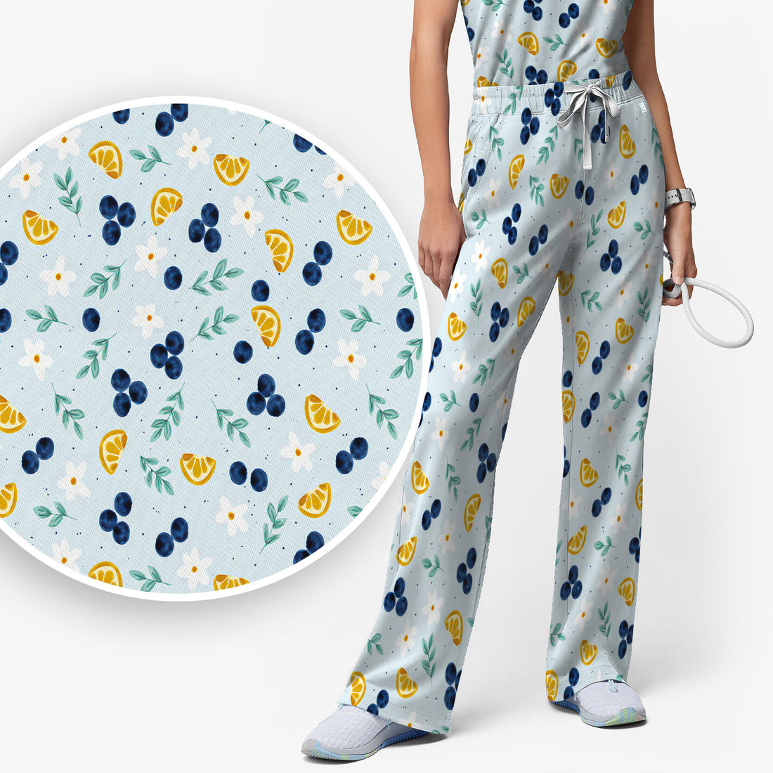 Blueberry Lemon Daisy Pattern Scrubs Sets, Scrub Pants and V Neck Top