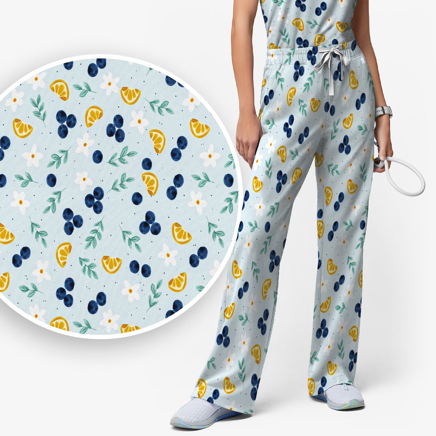 Blueberry Lemon Daisy Pattern Scrubs Sets, Scrub Pants and V Neck Top