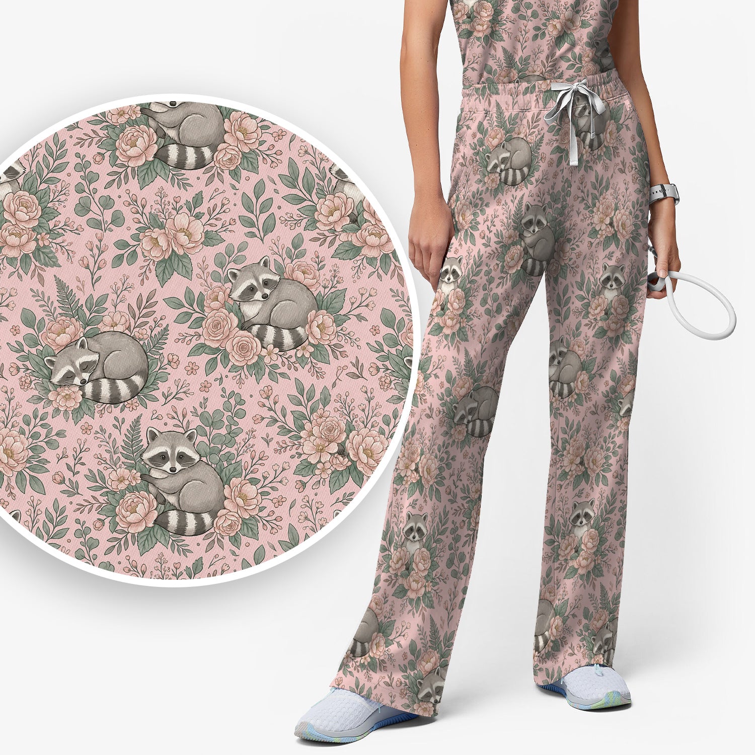 Sleeping Raccoon Rose Garden Pattern Scrub Set, Scrub Pants and V Neck Top