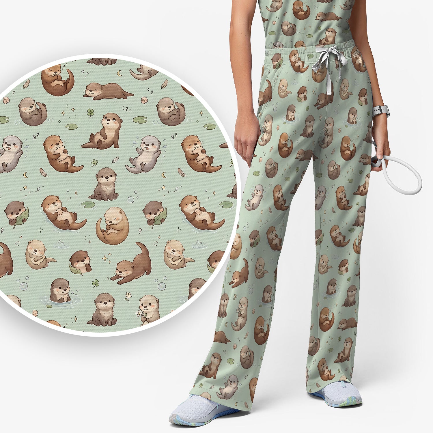 Cute Otter Pattern Scrub Set, Scrub Pants and V Neck Top