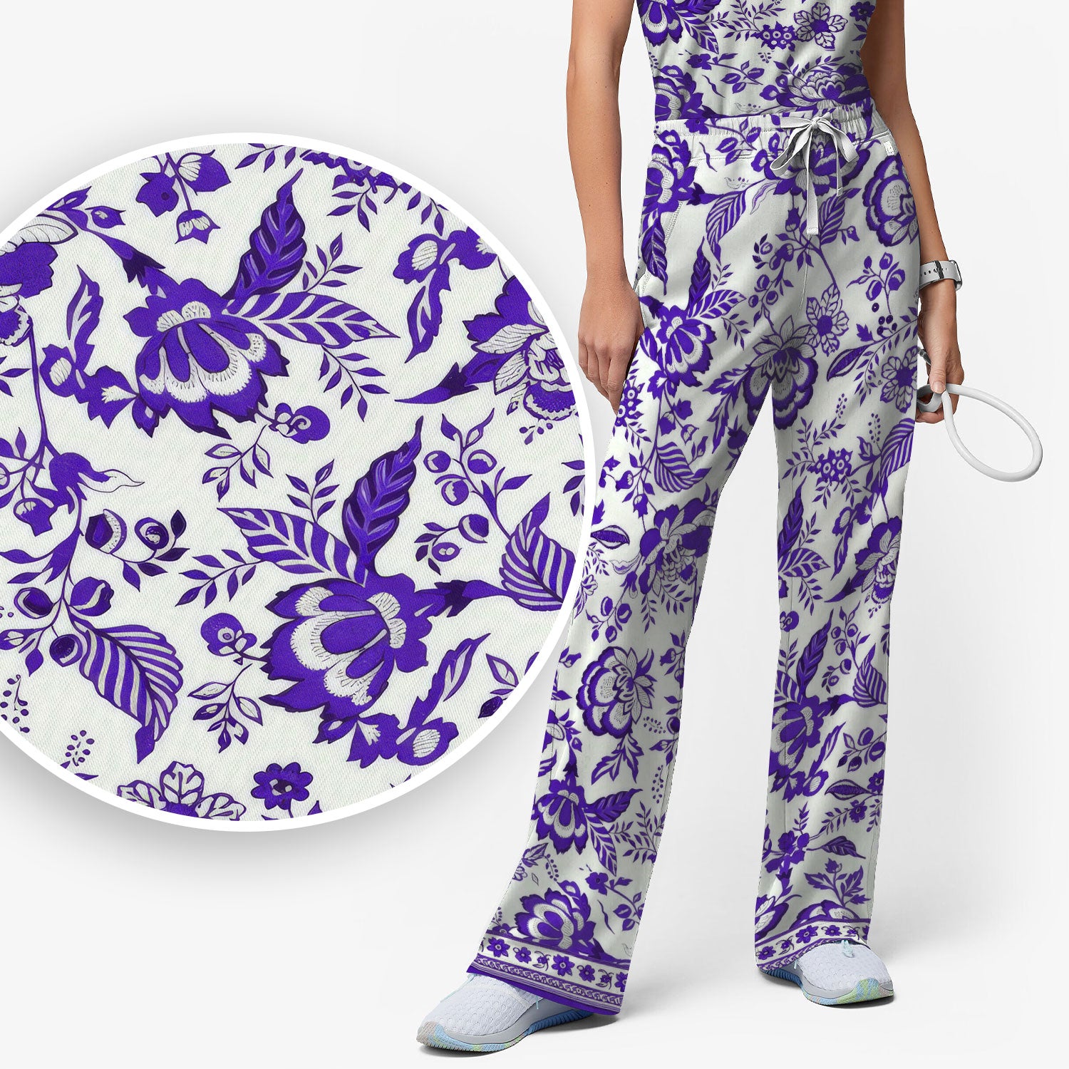 Toile De Jouy Scrub Set For Women, Floral Pattern Nurse Shirt, Comfortable Scrubs For Nursing