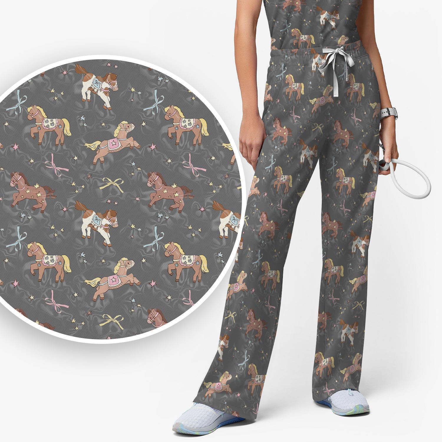 Cute Pony Star Pattern Scrub Set, Breathable Med Uniform