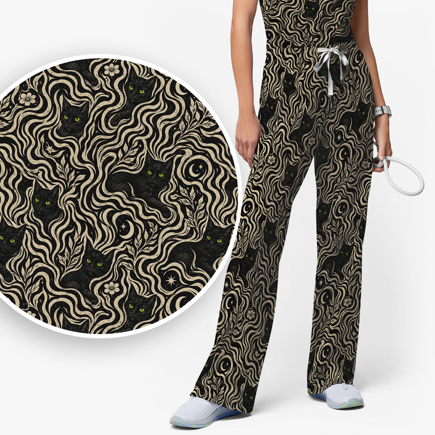 Mystical Black Cat Moonlit Pattern Scrub Set, Scrub Pants and V Neck Top