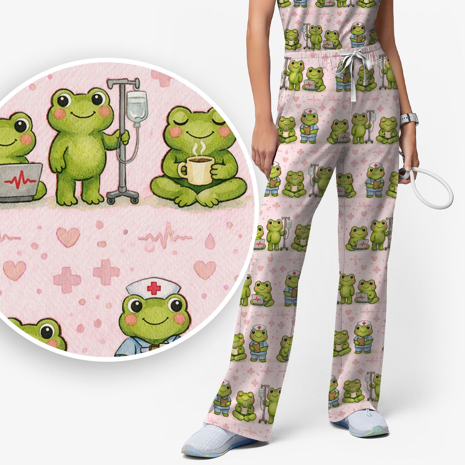 Adorable Frog Nurse Various Poses Print Scrub Set, Breathable Med Uniform