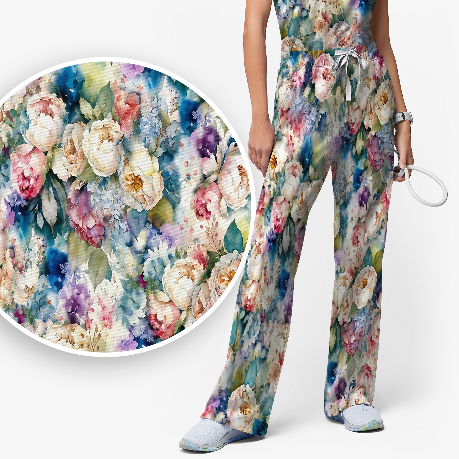Watercolor Peony Hydrangea Floral Print Scrub Set, Scrub Pants and V Neck Top