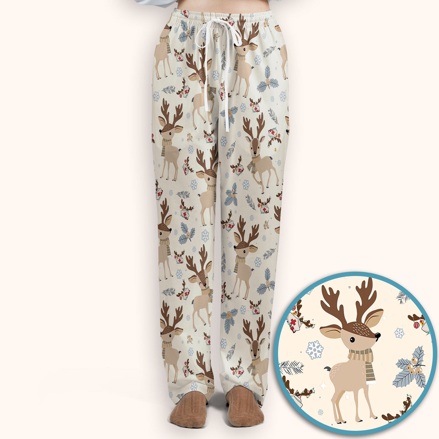 Reindeer Christmas Scrub Set - Cozy Beige Holiday Nurse Shirt with Cute Deer Pattern - Festive Medical Scrubs Pants and V Neck Top