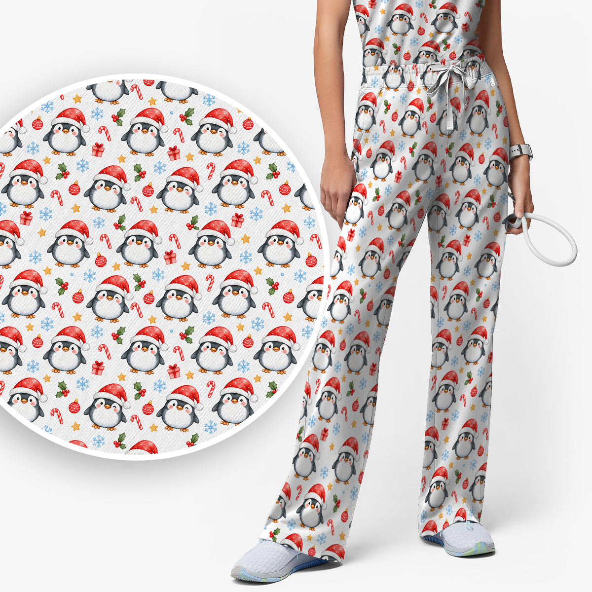 Christmas Penguins In Santa Hats Scrub Set, Scrub Pants and V Neck Top
