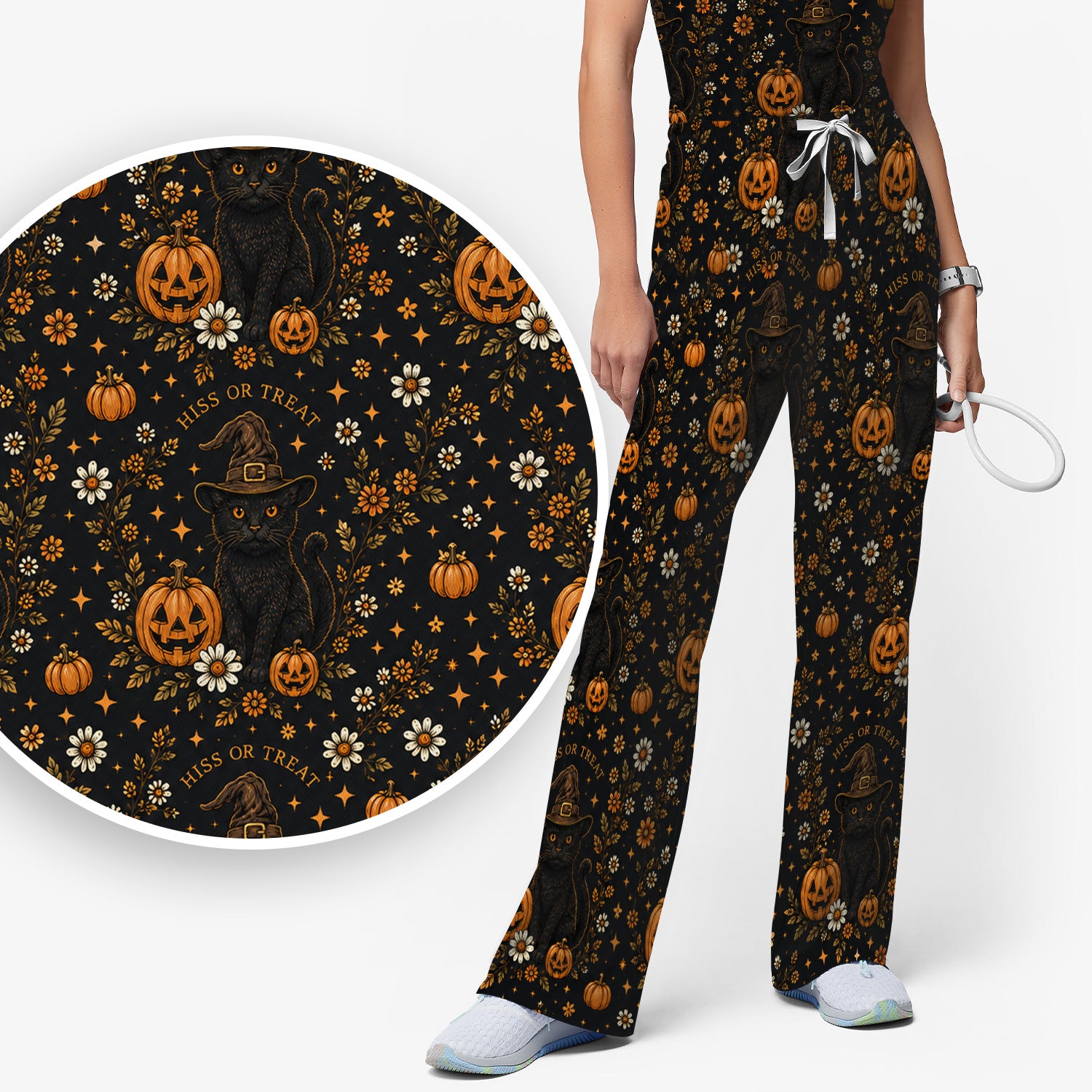 Halloween Black Cat Pumpkin Floral Scrub Set, Scrub Pants and V Neck Top
