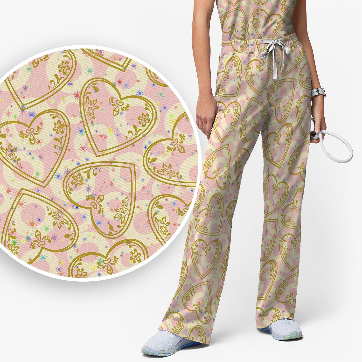 Valentine Heart Scrub Set For Women, Hearts Pattern Nurse Shirt, Comfortable Scrubs For Nursing