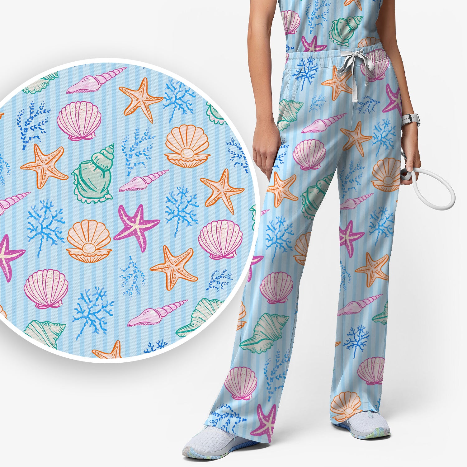 Colorful Seashell Starfish Ocean Stripe Pattern Scrub Set, Women's Scrub Sets