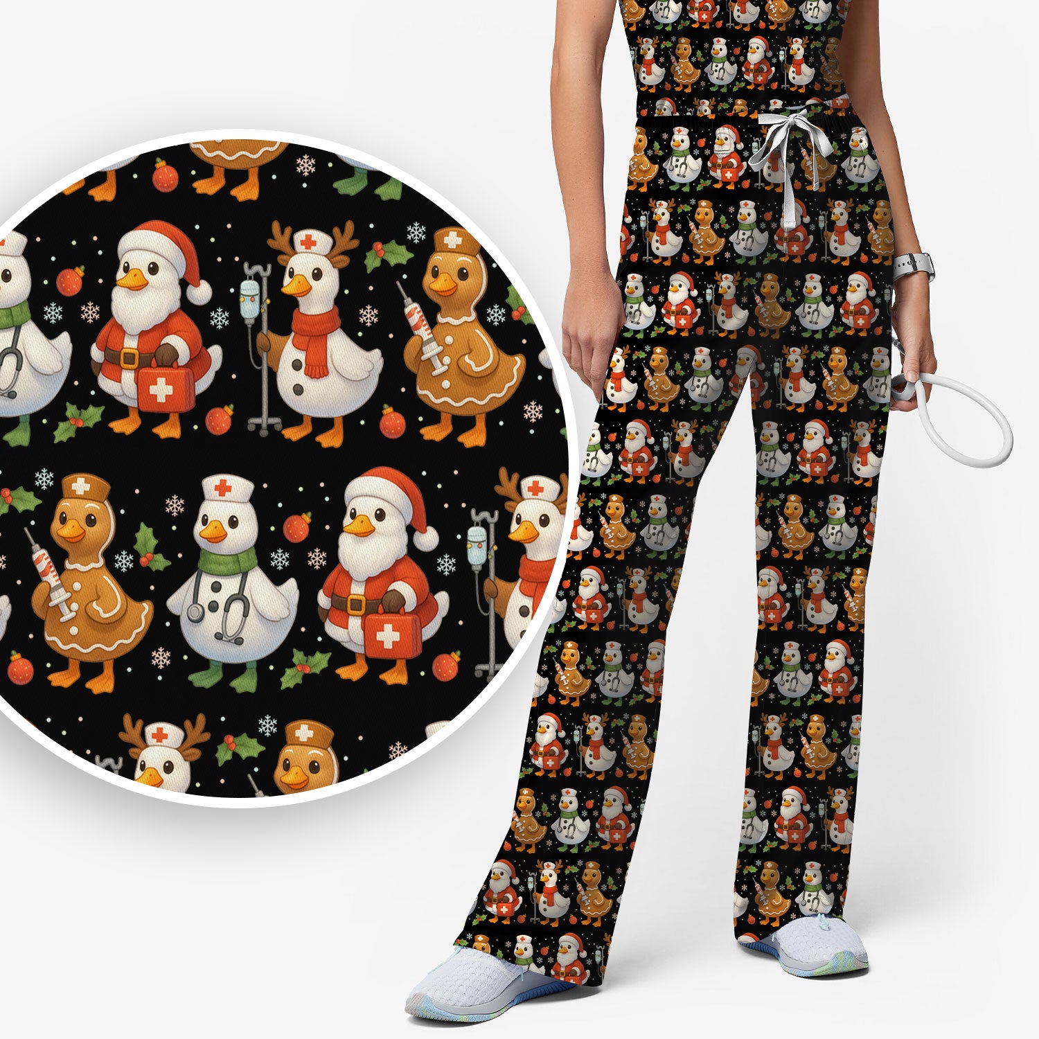 Funny Goose Christmas Scrubs for Women - Festive Holiday Pattern Scrub Top & Pants - Cute Christmas Scrubs with Charming Goose Print
