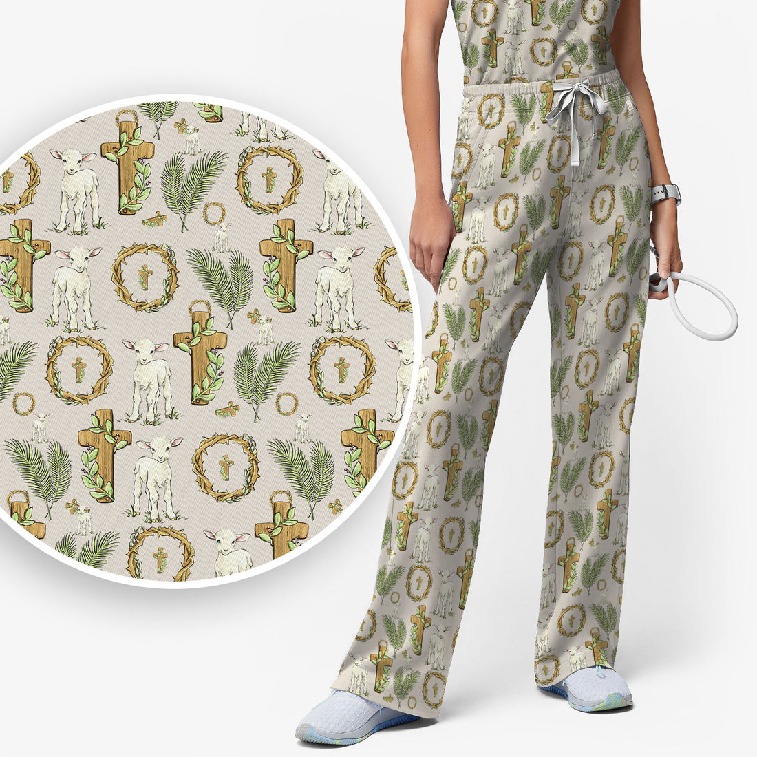 Faith Lamb Cross Pattern Women's Scrub Set, Scrub Pants and V Neck Top