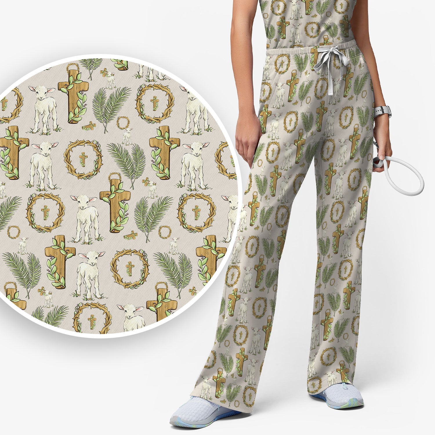 Faith Lamb Cross Pattern Women's Scrub Set, Scrub Pants and V Neck Top