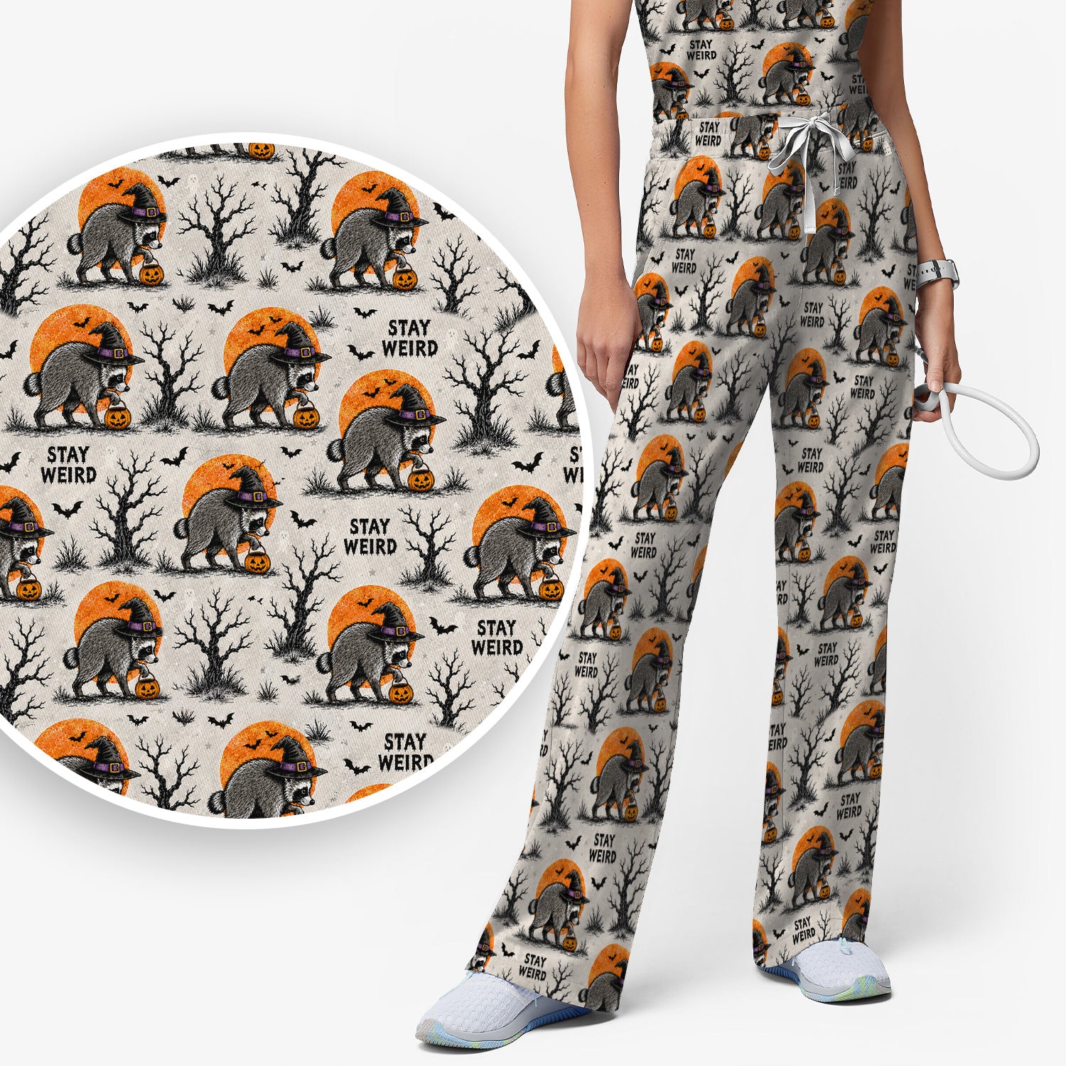 Funny Stay Weird Halloween Raccoon Scrub Set, Scrub Pants and V Neck Top
