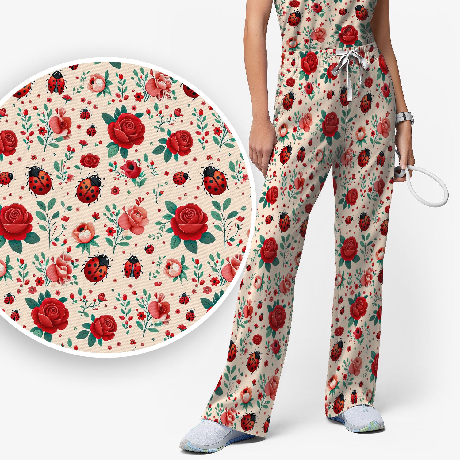Cute Ladybug Red Rose Floral Pattern Scrub Set, Women's Scrub Sets