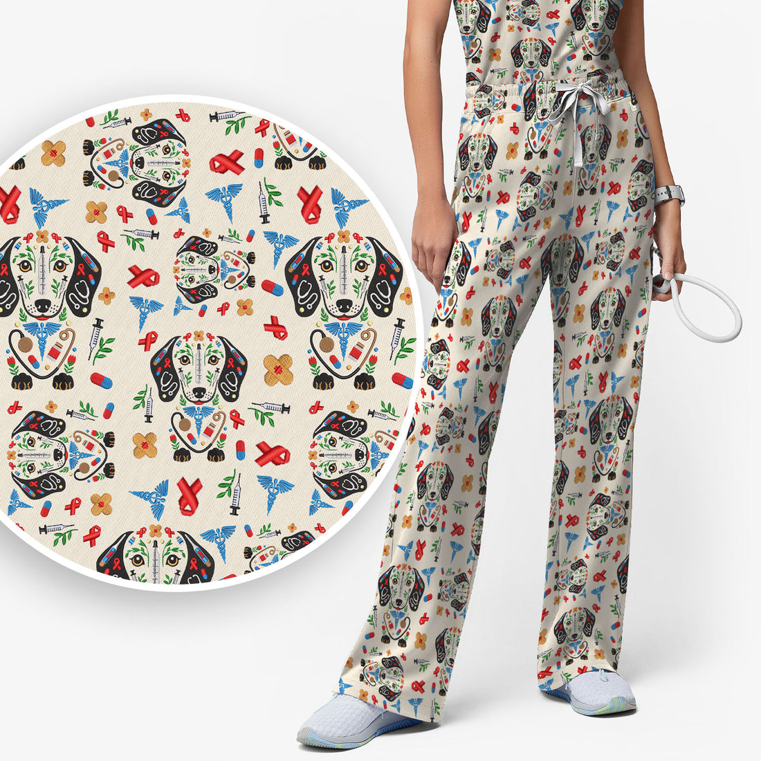 Dachshund Medical Icon Pattern Scrub Set, Women's Scrub Sets