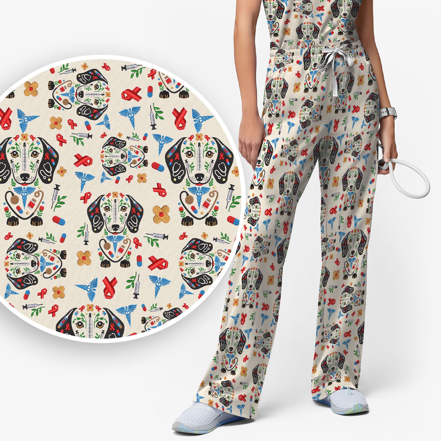 Dachshund Medical Icon Pattern Scrub Set, Women's Scrub Sets
