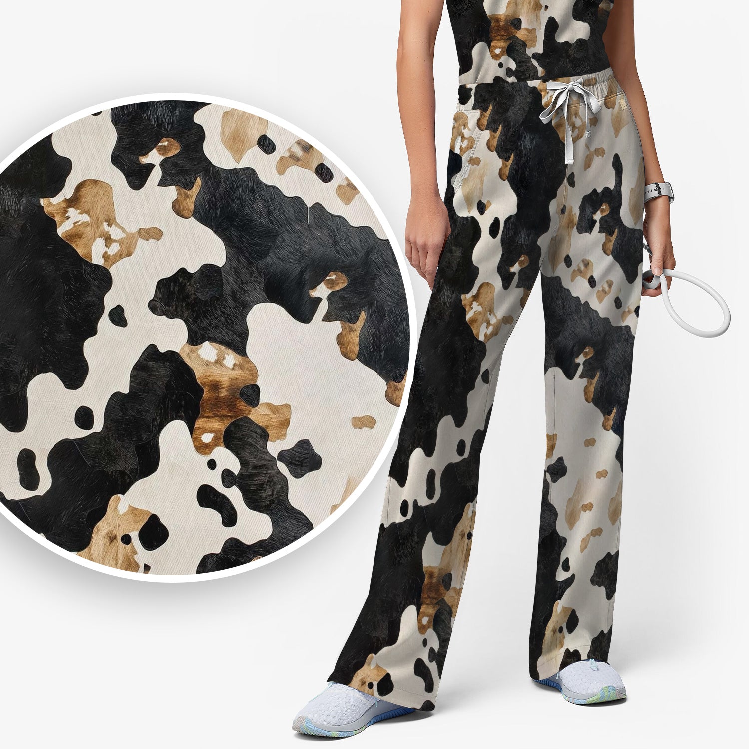 Classic Cow Print Pattern Scrub Set, Women's Scrub Sets