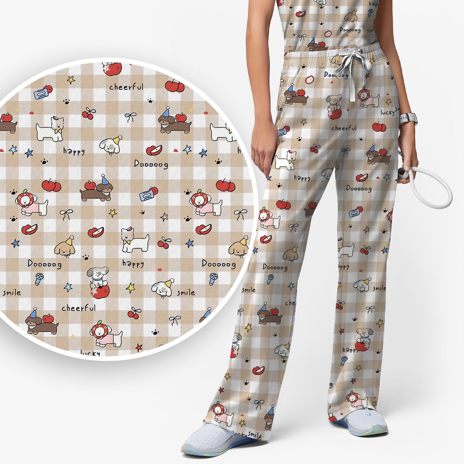 Cute Nurse Cartoon Puppy Apple Gingham Scrub Top, Breathable Fabrics Nursing Uniform