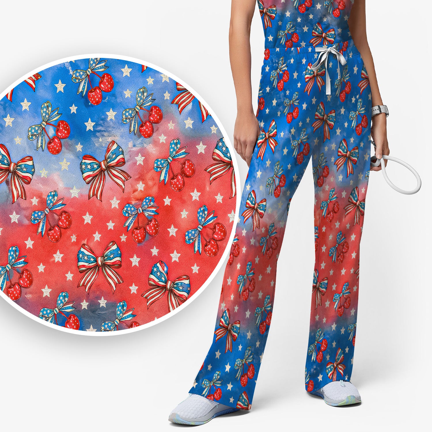 Festive Patriotic Star Bow Cherry Pattern Scrub Set, Scrub Pants and V Neck Top