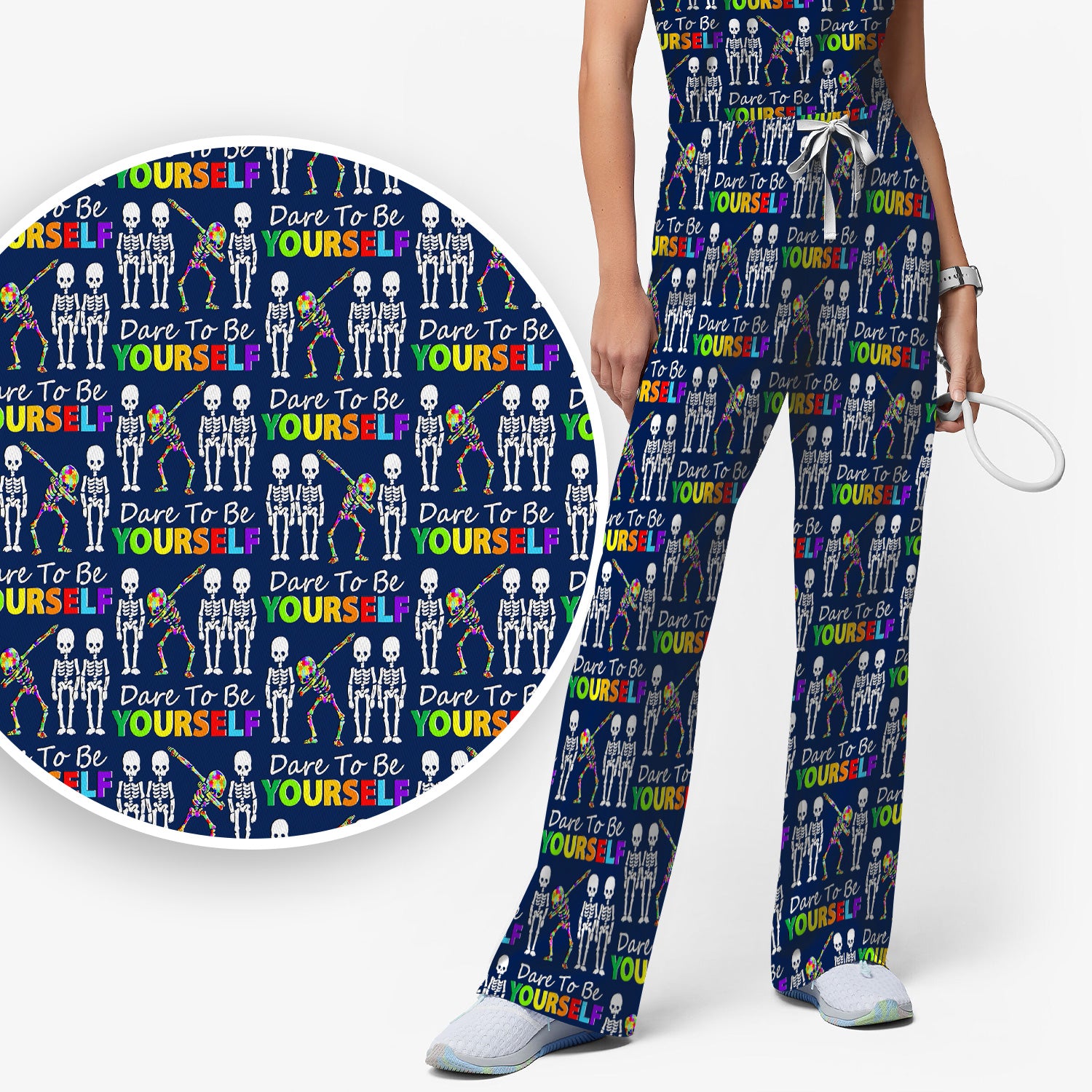 Rainbow Skeleton Dare To Be Yourself Pattern Scrub Sets, Scrub Pants and V Neck Top