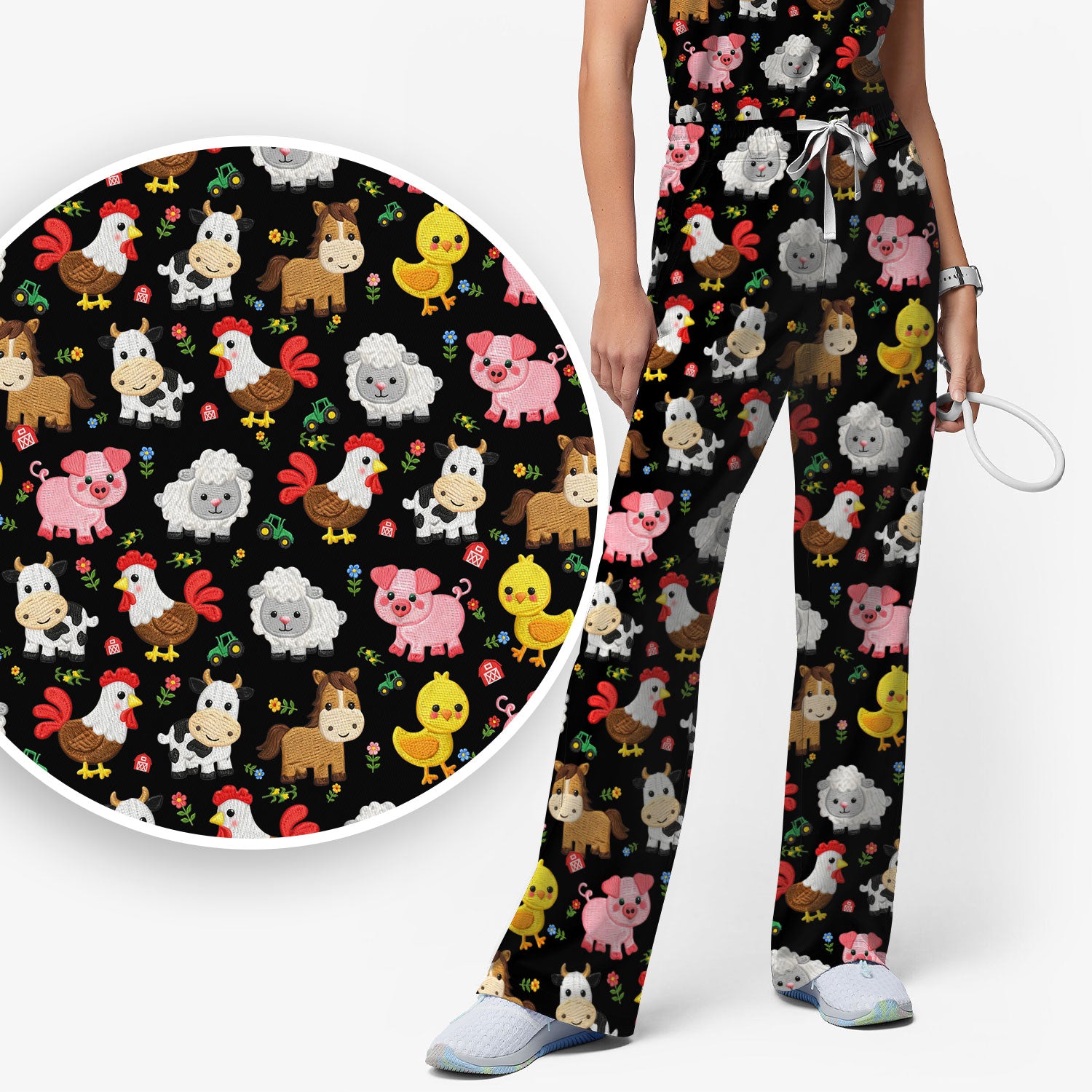 Cartoon Farm Animal Pattern Scrub Set, Breathable Med Uniform