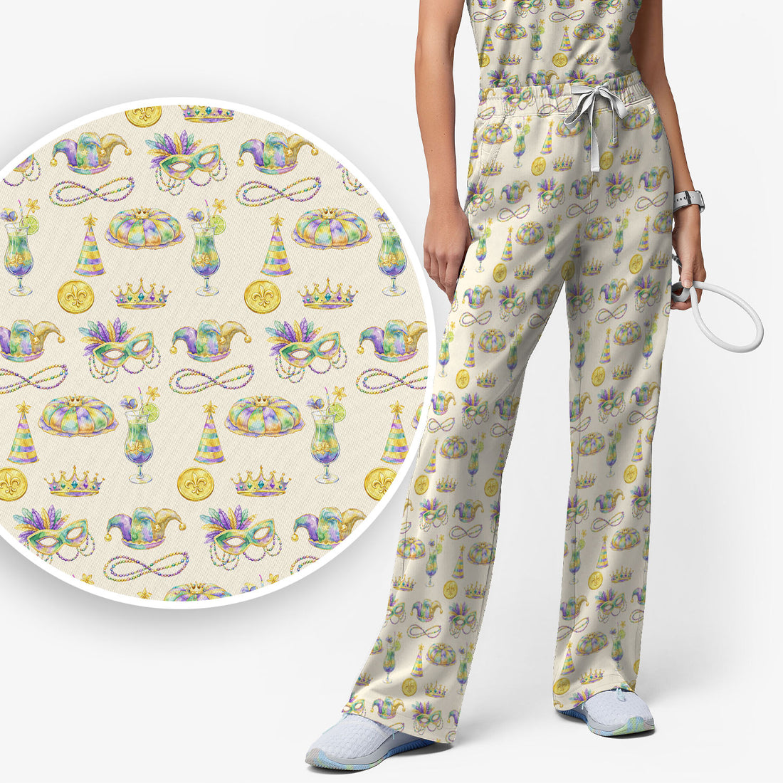 Mardi Gras Mask Scrub Set, Elegant Carnival Pattern Nurse Shirt For Women, Breathable Fabrics Nursing Uniform