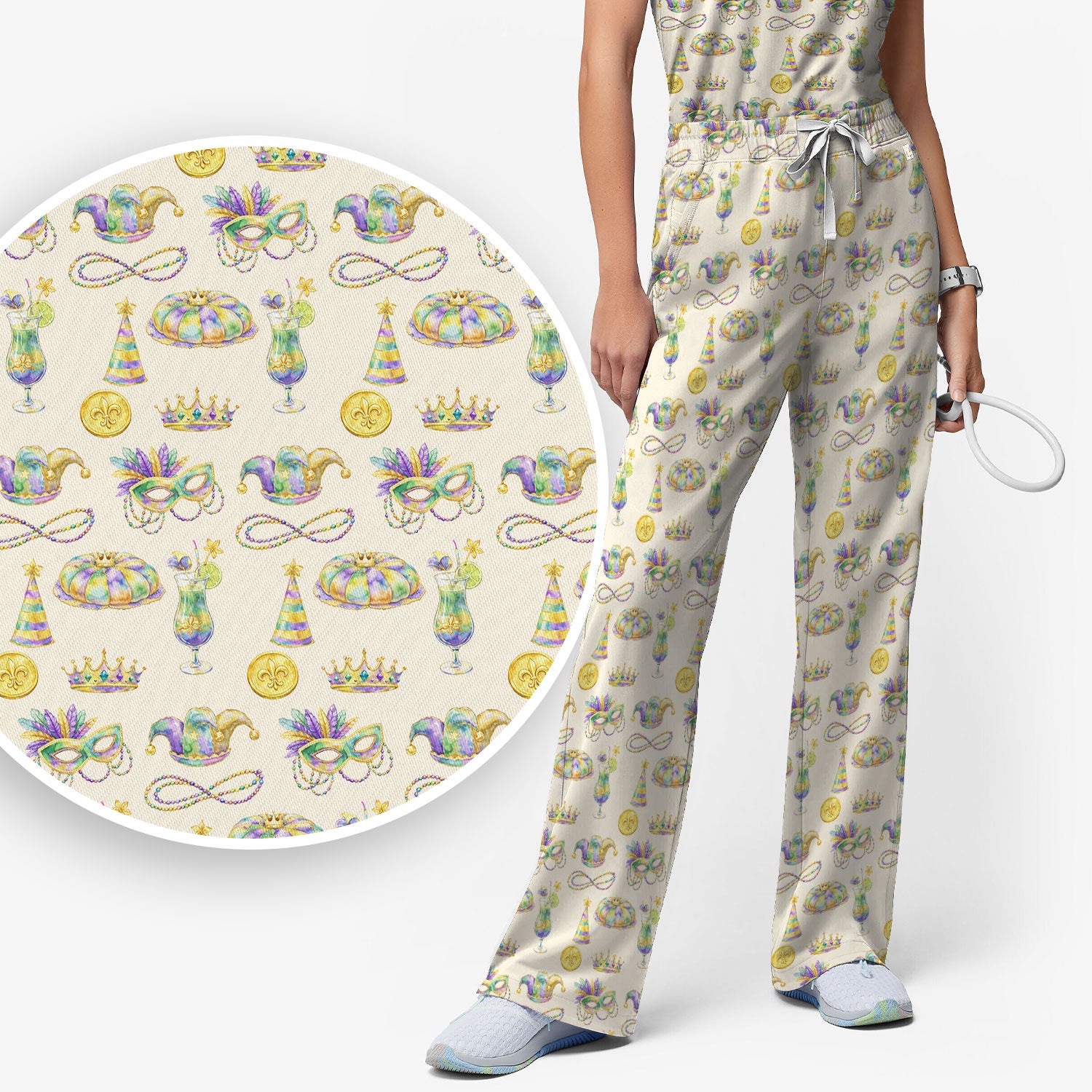 Mardi Gras Mask Scrub Set, Elegant Carnival Pattern Nurse Shirt For Women, Breathable Fabrics Nursing Uniform