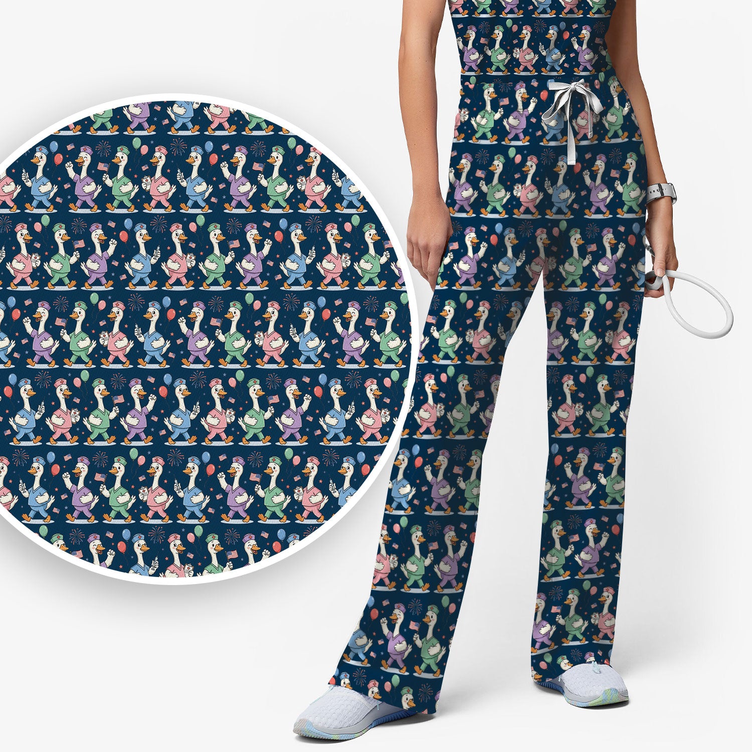 Cute Nurse Ducks Balloons Pattern Scrubs Sets, Scrub Pants and V Neck Top