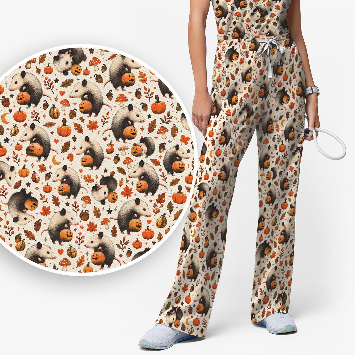 Halloween Opossum Pumpkin Patch Pattern Scrub Set, Scrub Pants and V Neck Top