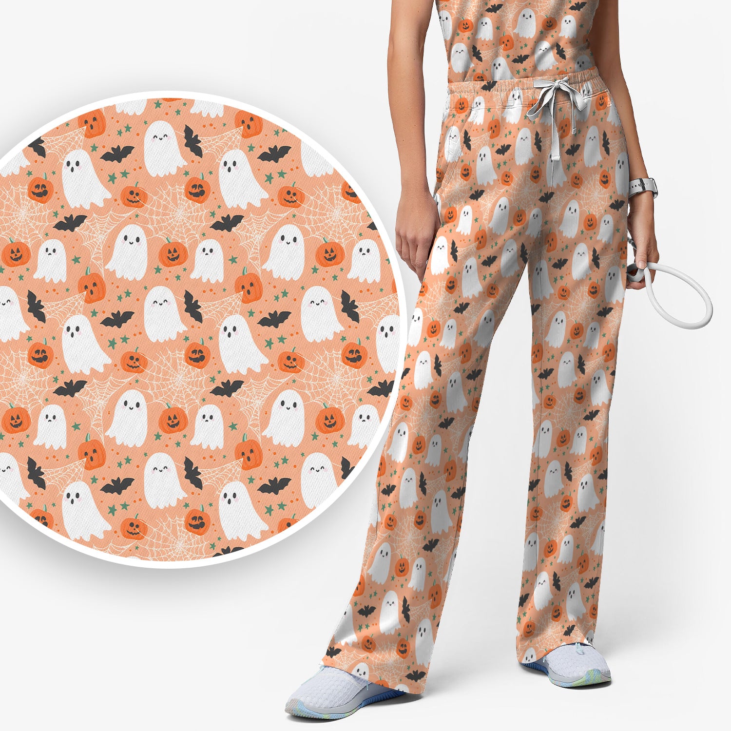 Cute Halloween Ghost And Pumpkin Scrub Set, Scrub Pants and V Neck Top