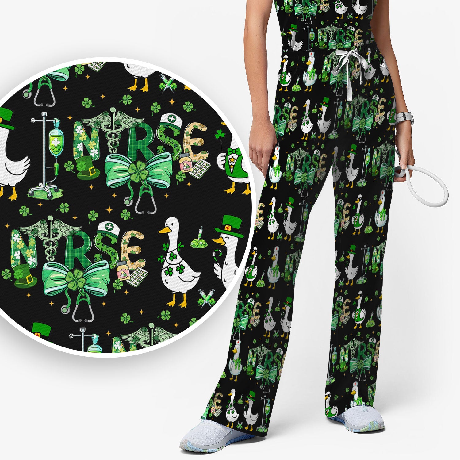 Funny Goose Nurse Shamrock Scrub Set, St. Patrick’s Day Nurse Pattern Shirt, Breathable Fabrics Nursing Uniform