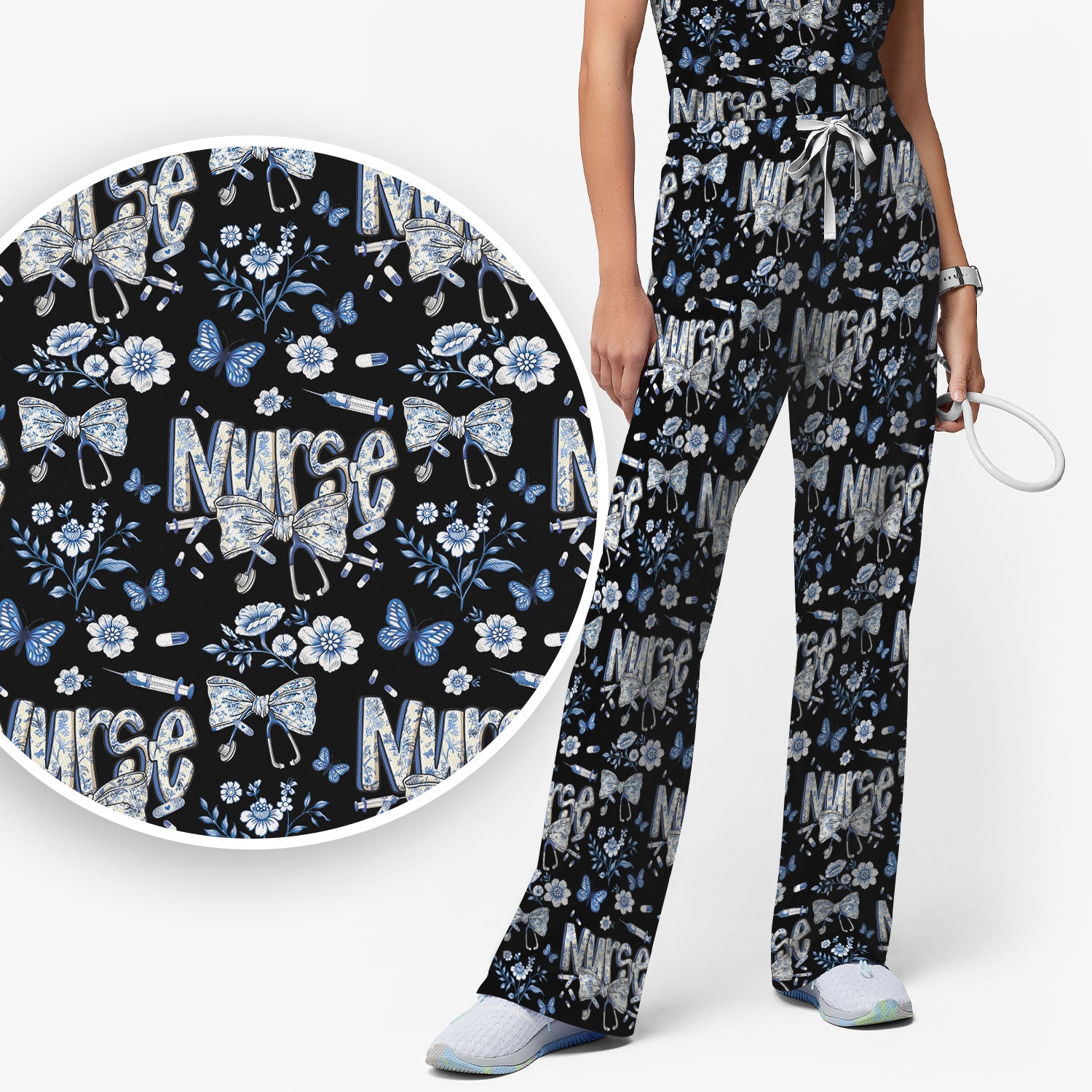 Blue Nurse Bow Butterfly Floral Pattern Scrub Set,  Breathable Med Uniform
