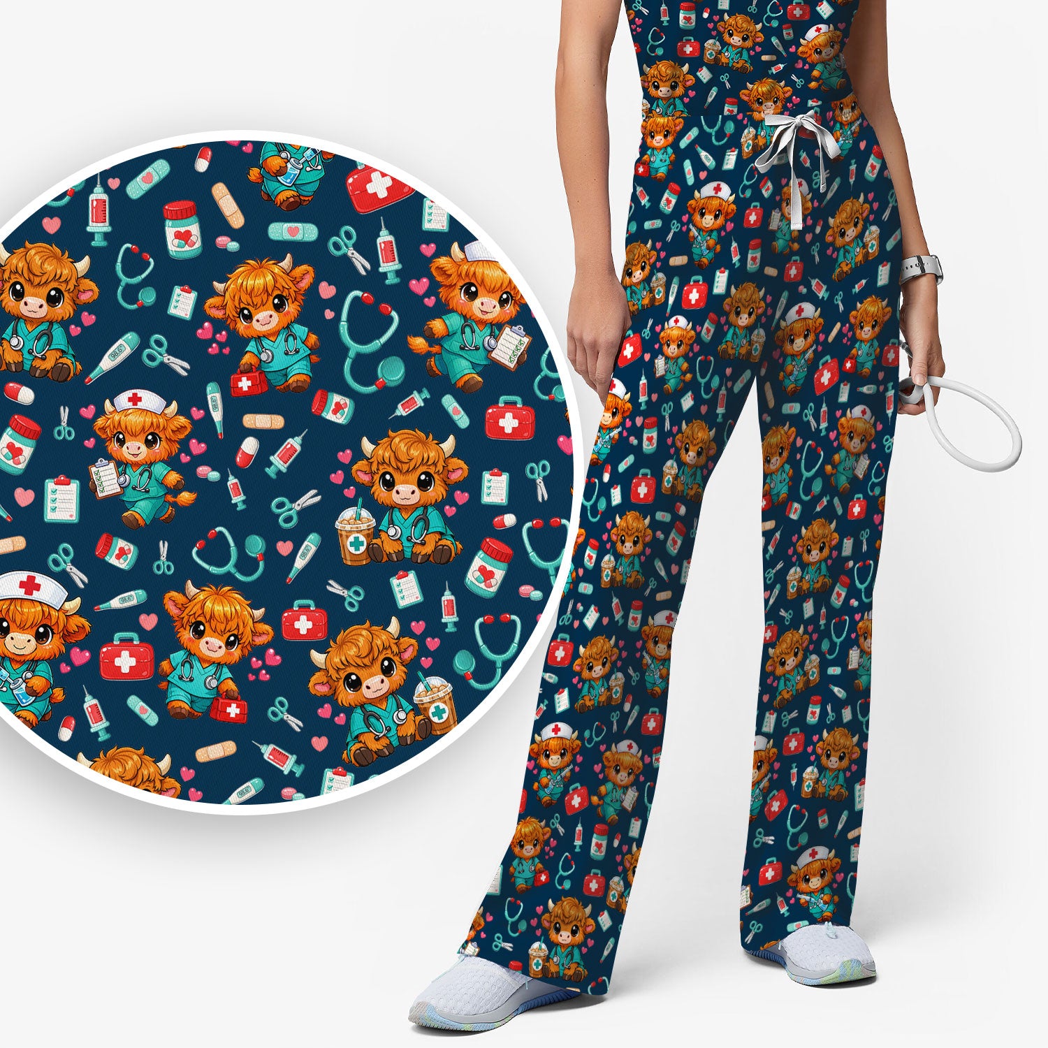 Cute Highland Cow Nurse Scrub Set, Kawaii Medical Pattern Shirt, Breathable Fabrics Nursing Uniform