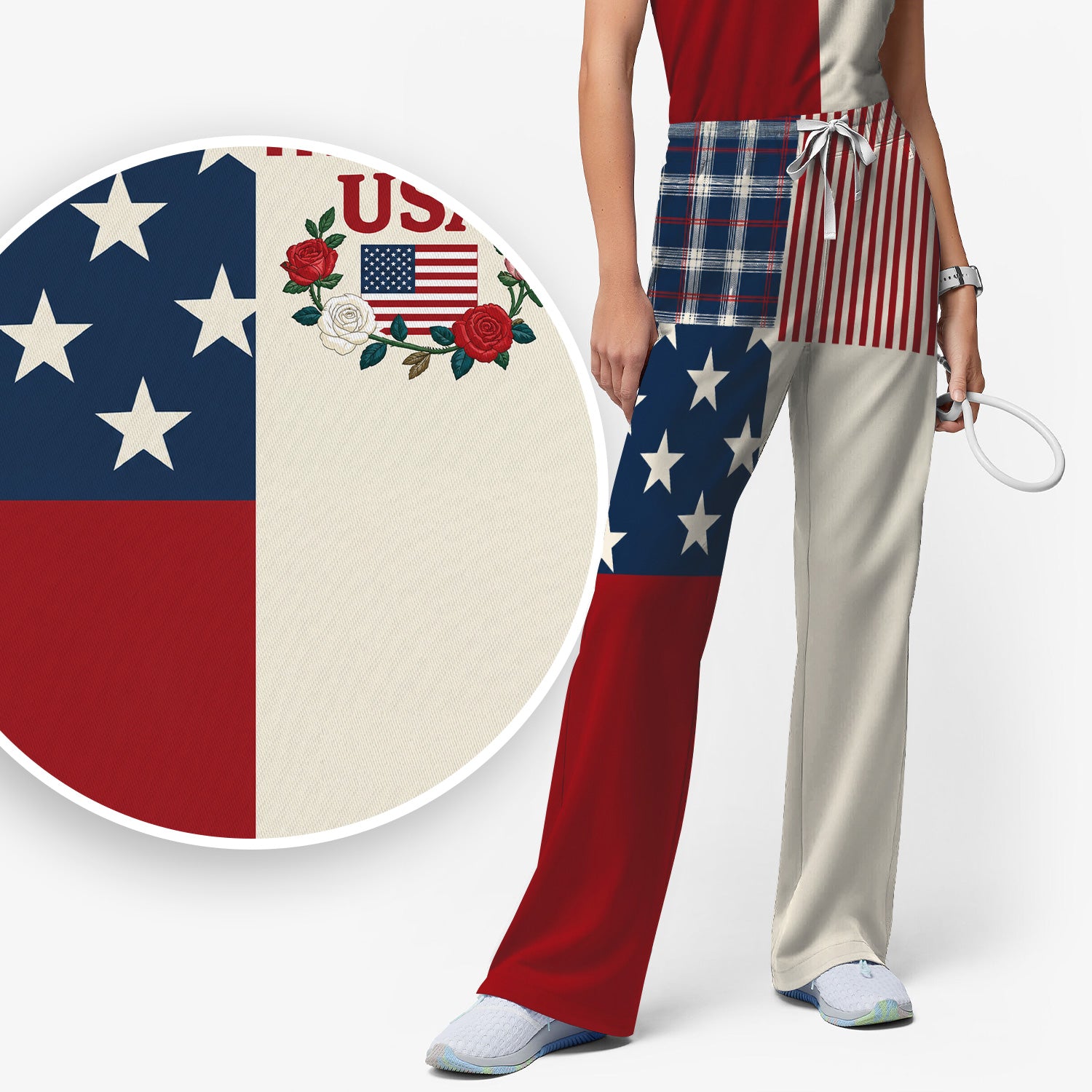 USA Flag Rose Patchwork Pattern Scrub Set, Scrub Pants and V Neck Top