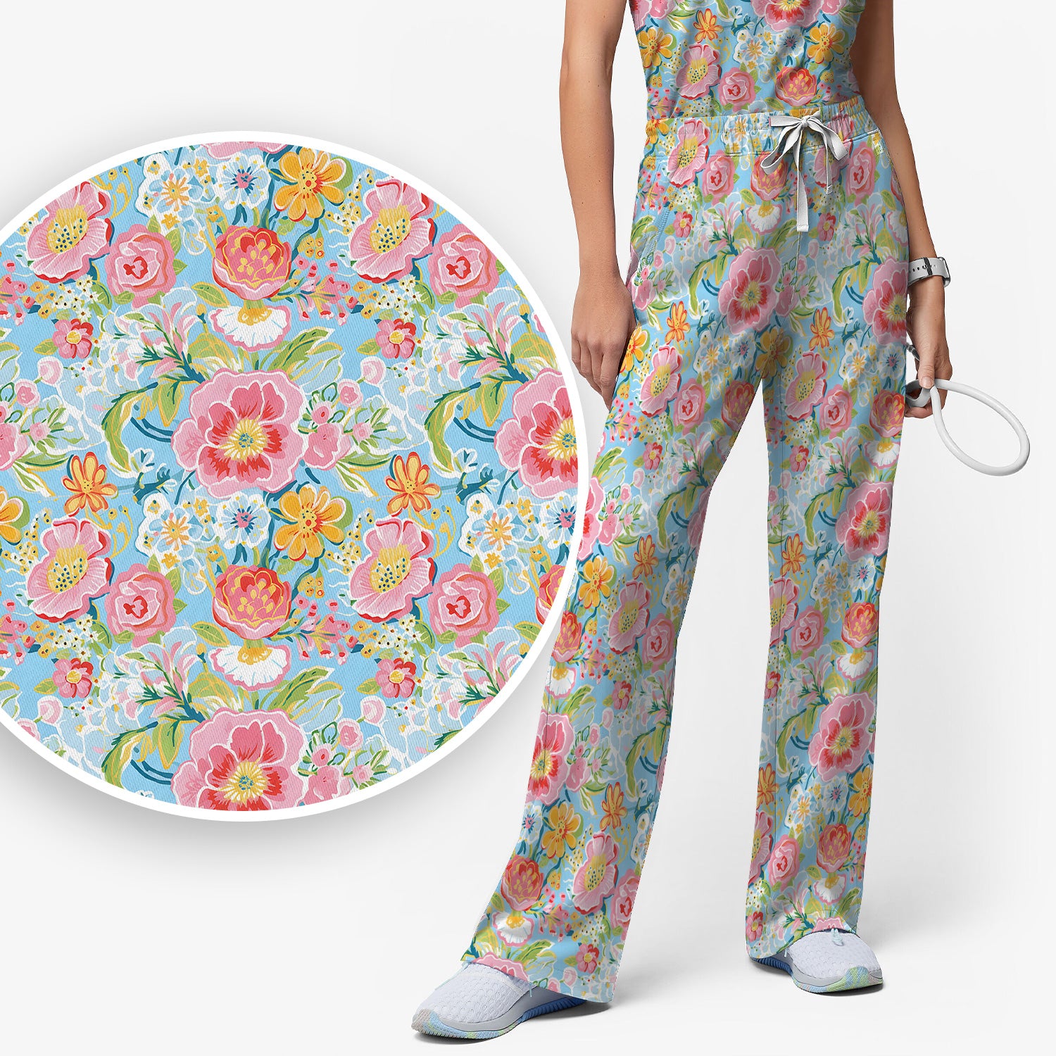 Pastel Tropical Floral Garden Pattern Scrub Set, Scrub Pants and V Neck Top