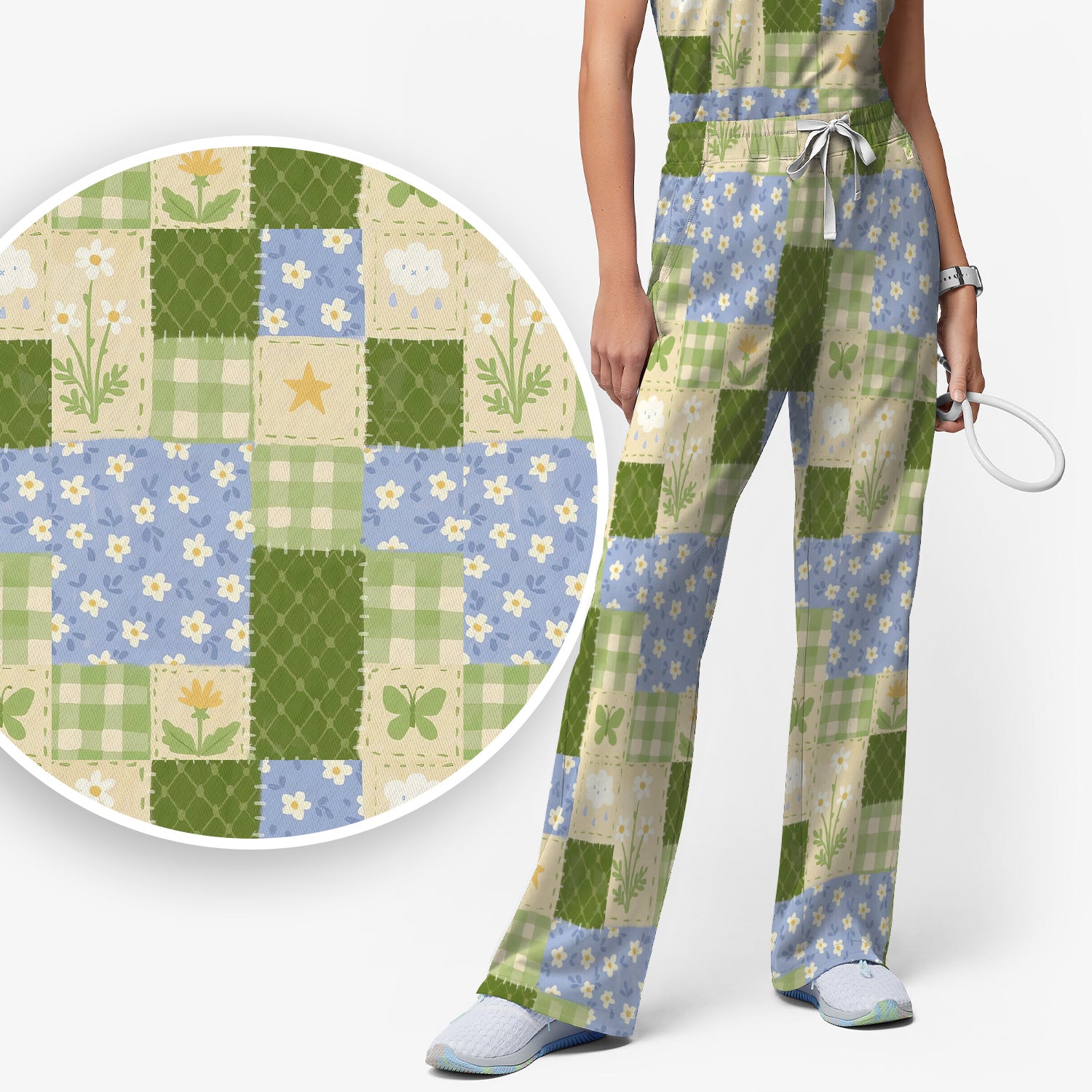 Green Patchwork Clover Floral Pattern Scrub Set, Scrub Pants and V Neck Top