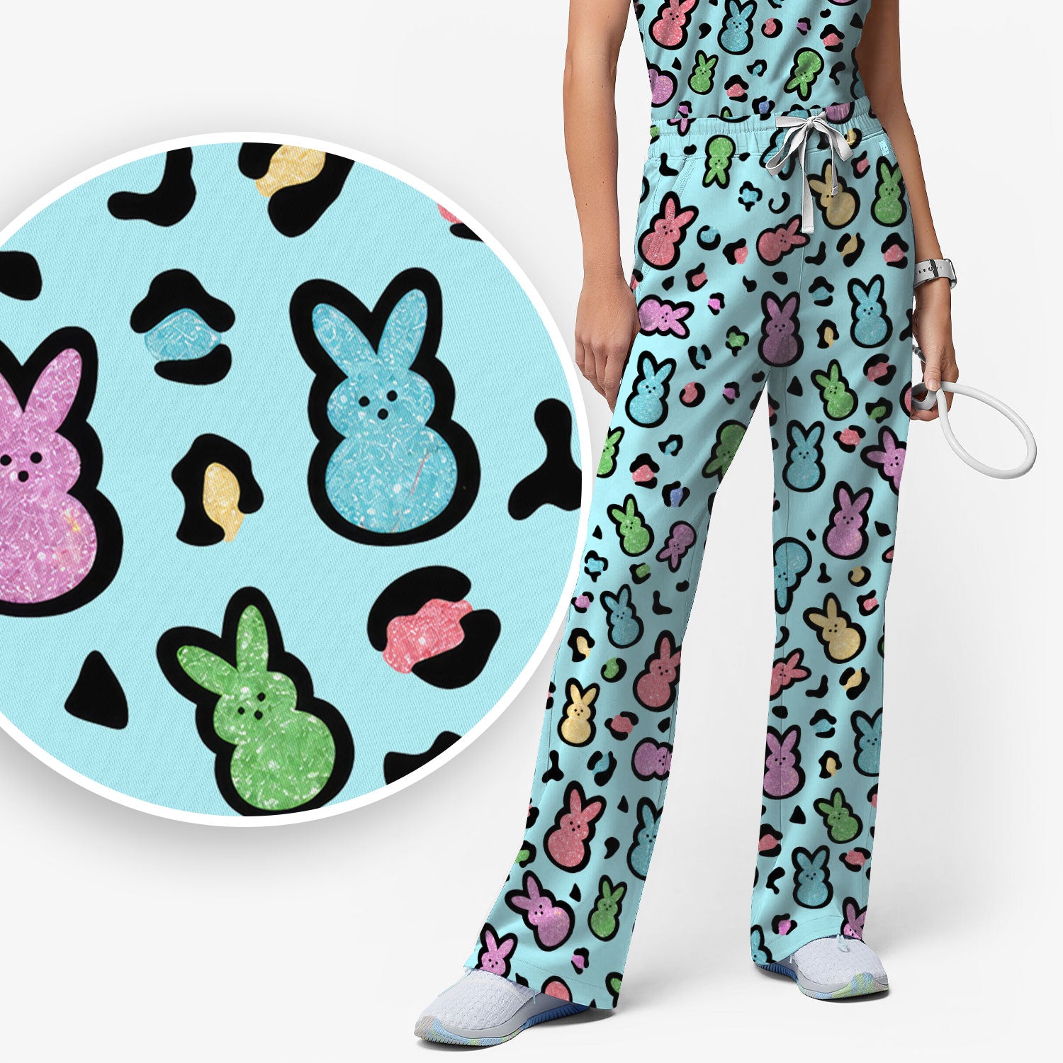 Cute Easter Bunny Pastel Pattern Scrub Set, Scrub Pants and V Neck Top