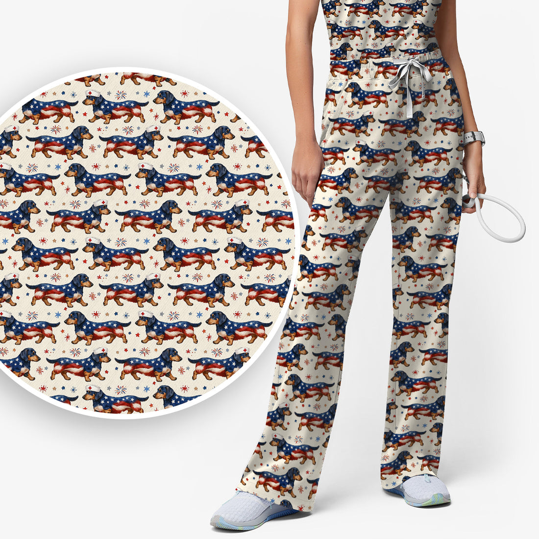 Patriotic Dachshund Dog American Flag Pattern Nurse Scrub Set, Scrub Pants and V Neck Top