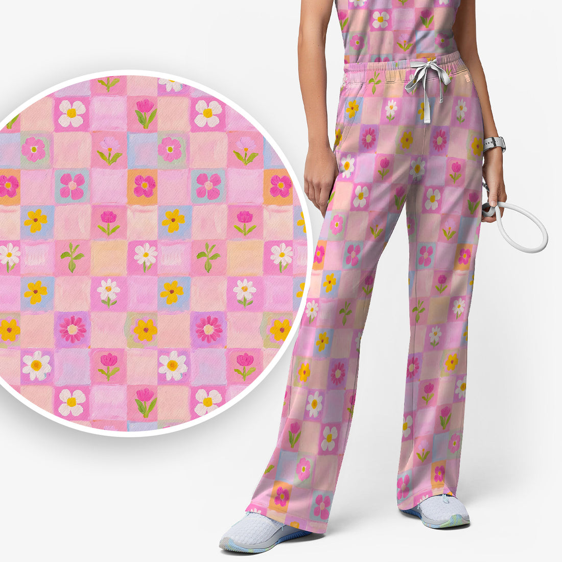 Colorful Mixed Flowers Pattern Scrubs Sets, Breathable Med Uniform