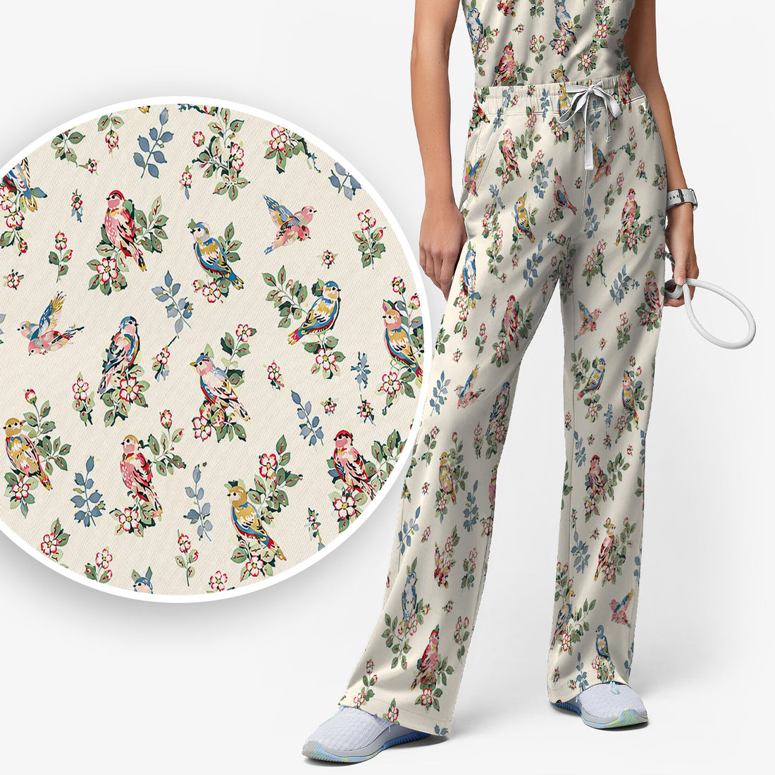 Cute Vintage Birds Blossom Pattern Scrub Set, Scrub Pants and V Neck Top