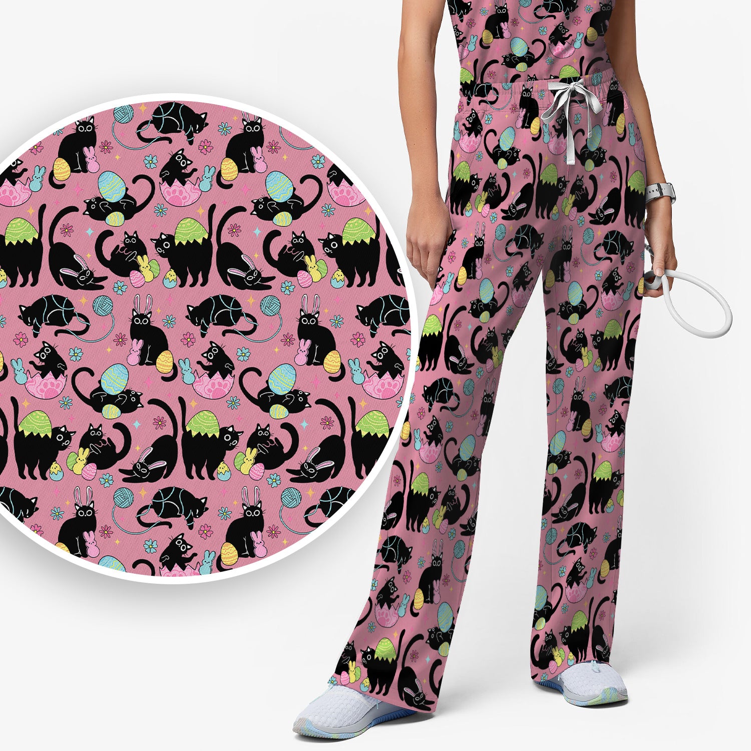 Funny Easter Black Cat Egg Pattern Scrub Set, Scrub Pants and V Neck Top