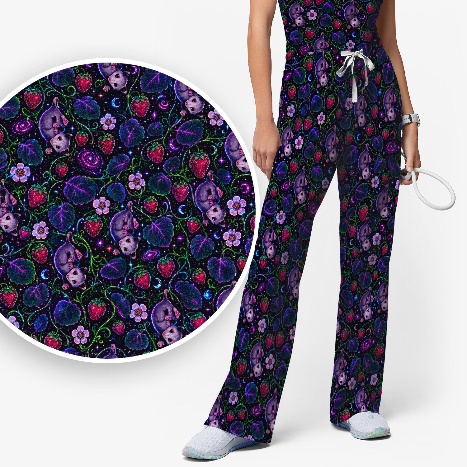 Galaxy Strawberry Opossum Pattern Scrub Set, Scrub Pants and V Neck Top