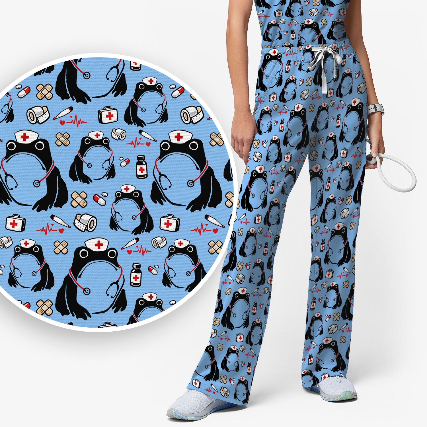 Cute Frog Nurse Medical Pattern Scrub Set, Breathable Med Uniform