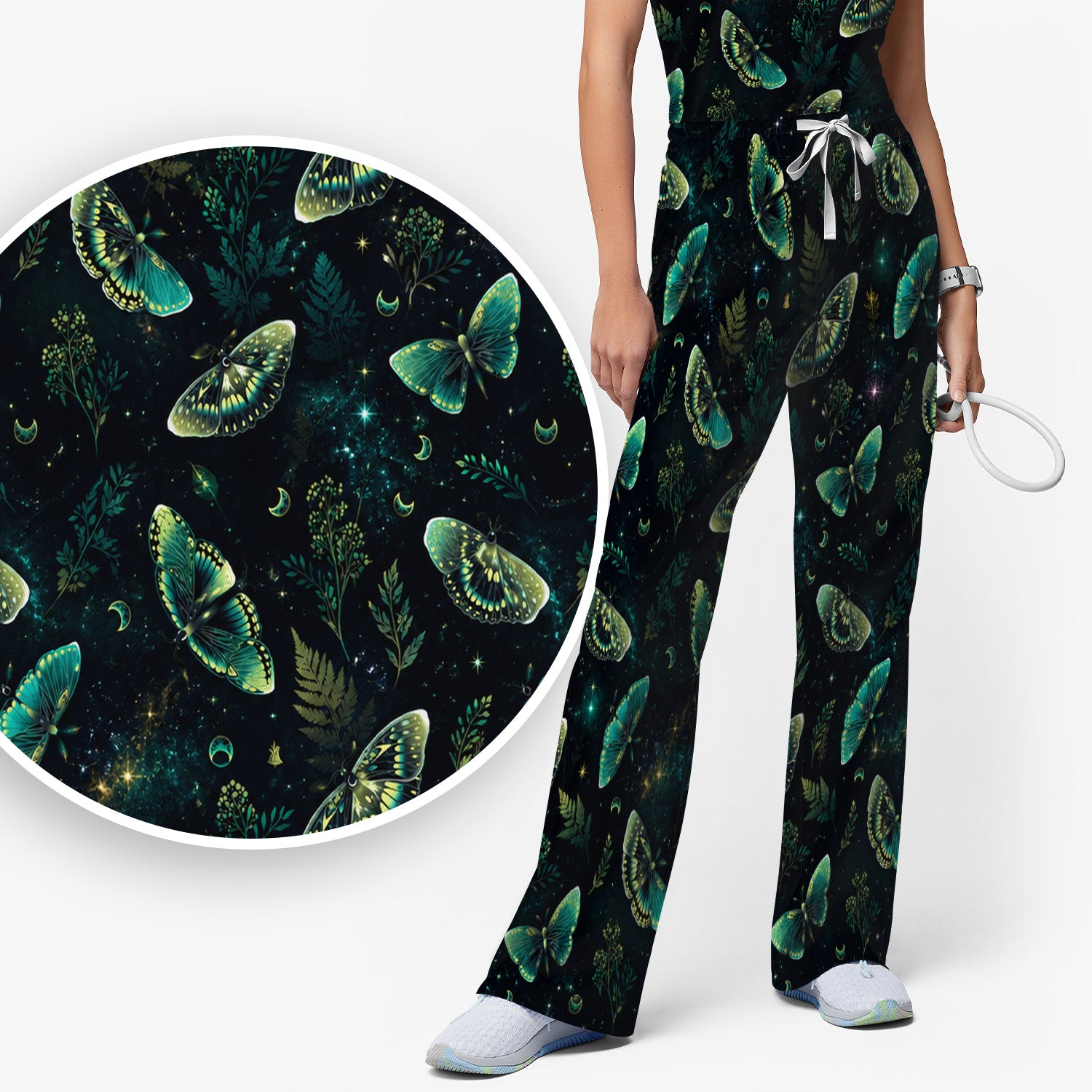 Mystical Moonlight Butterfly Garden Pattern Scrub Set, Scrub Pants and V Neck Top