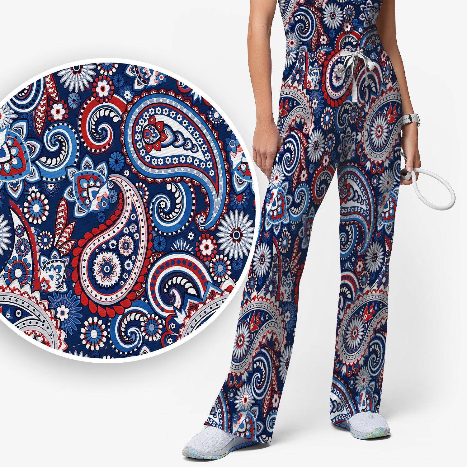 Patriotic Red White Blue Paisley Pattern Scrub Set, Scrub Pants and V Neck Top