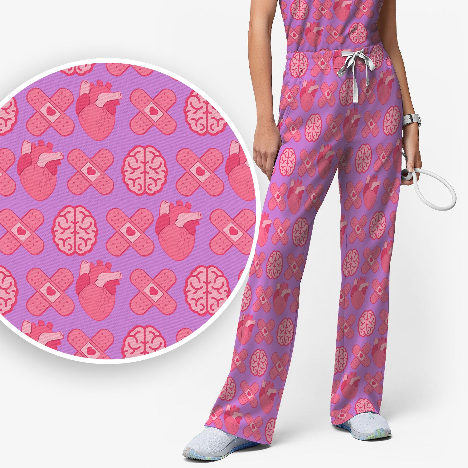 Heart & Brain Medical Icon Pattern Scrub Set, Scrub Pants and V Neck Top