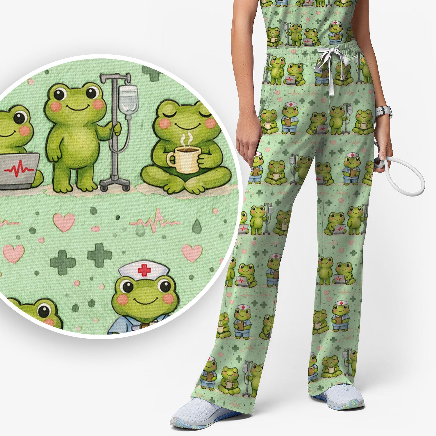 Adorable Frog Nurse Various Poses Print Scrub Set, Breathable Med Uniform